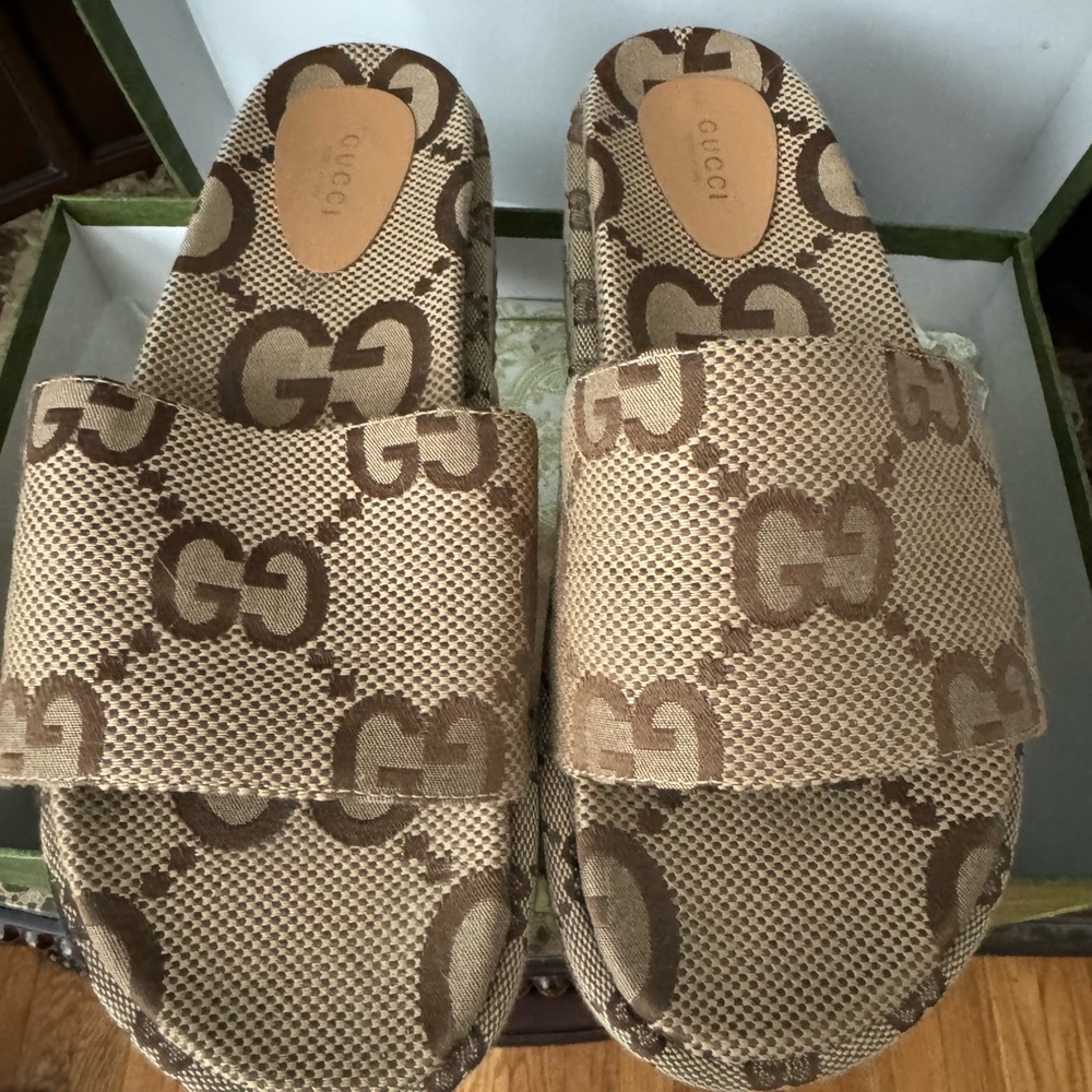 Gucci Beige and Brown Logo Slides